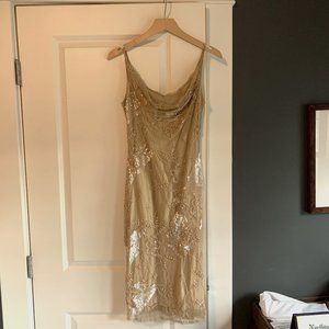 Gold Sequined Cowl Neck Party Dress